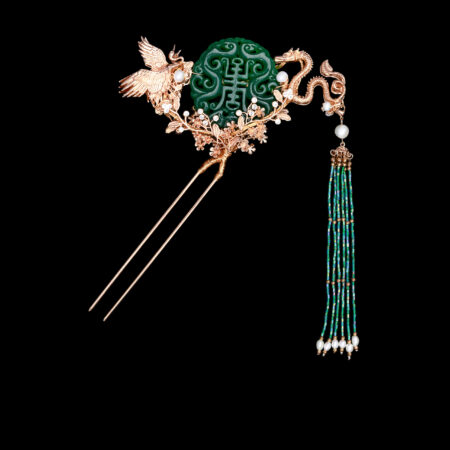 Crane and Dragon Jade Hairpin - Gold, Jade