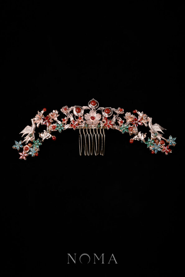 CHN-202200129-Crane-Lotus-Floral-Haircomb-Gold-Ruby