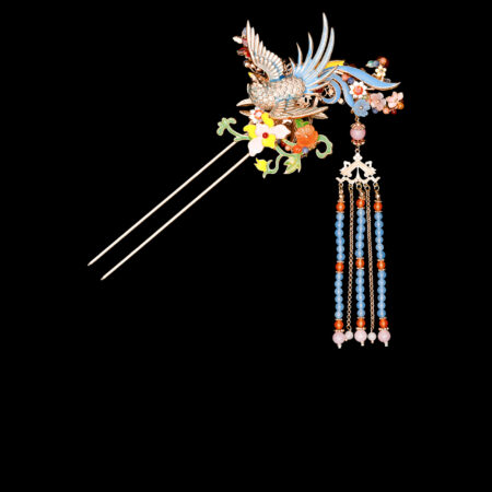 Colorful Swallow Pagoda Hairpin - Gold, Blue (Left)