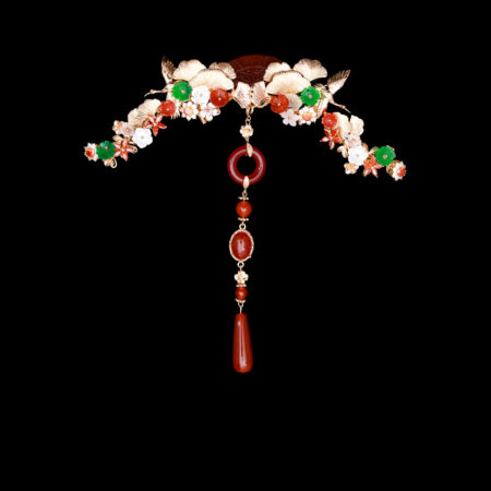 Carved Jade Crane Ginkgo Hairvine - Gold, Red Jade