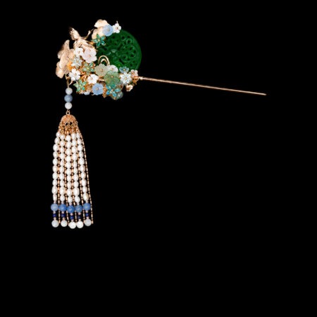 Carved Jade Crane Ginkgo Hairpin - Gold, Jade (Right)