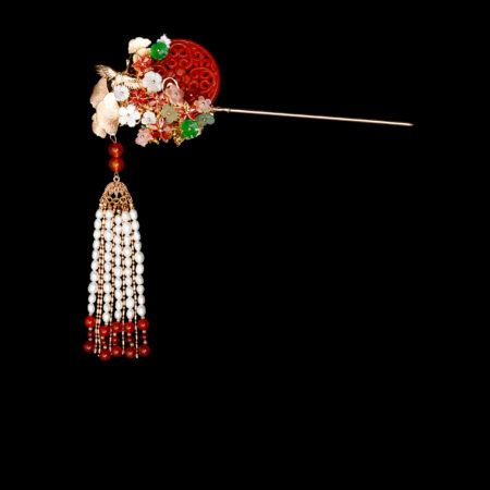 Carved Jade Crane Ginkgo Hairpin - Gold, Red Jade (Right)