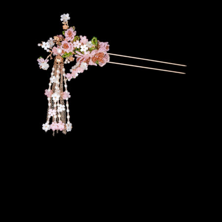 Beaded Floral Blossom Hairpin  - Gold, Pink