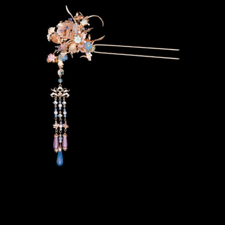 Pagoda Ginkgo Grass Hairpin - Gold, Blue (Right)