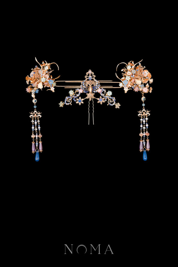 CHN-202400109-Peacock-Ornament-Pagoda-Ginkgo-Grass-Set-Gold-Blue-3-pcs