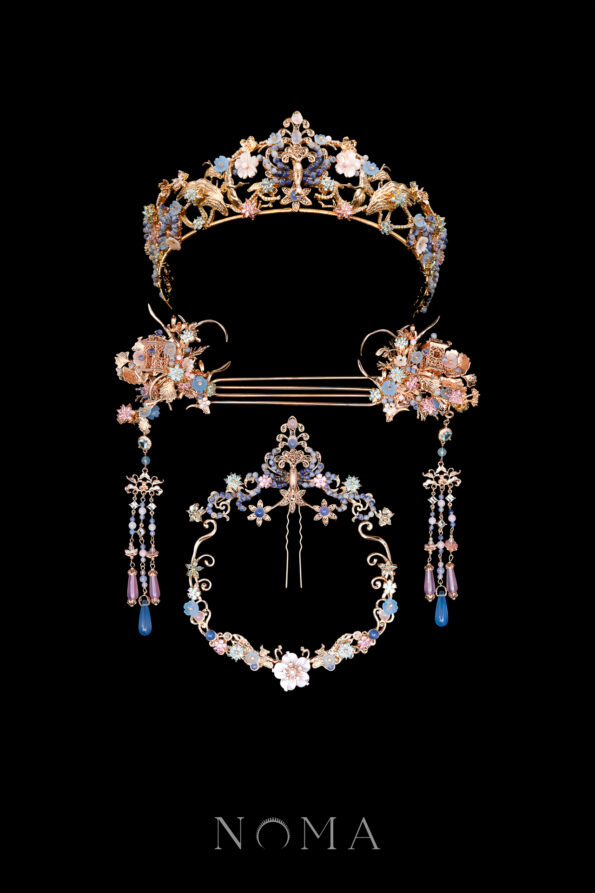 CHN-202400110-Peacock-Ornament-Pagoda-Ginkgo-Grass-Full-Set-Gold-Blue-5-pcs