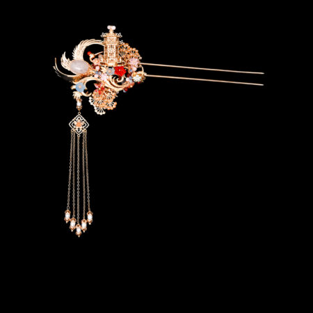 Harmonious Crane Pagoda Ornament Hairpin - Gold, Ruby (Right)