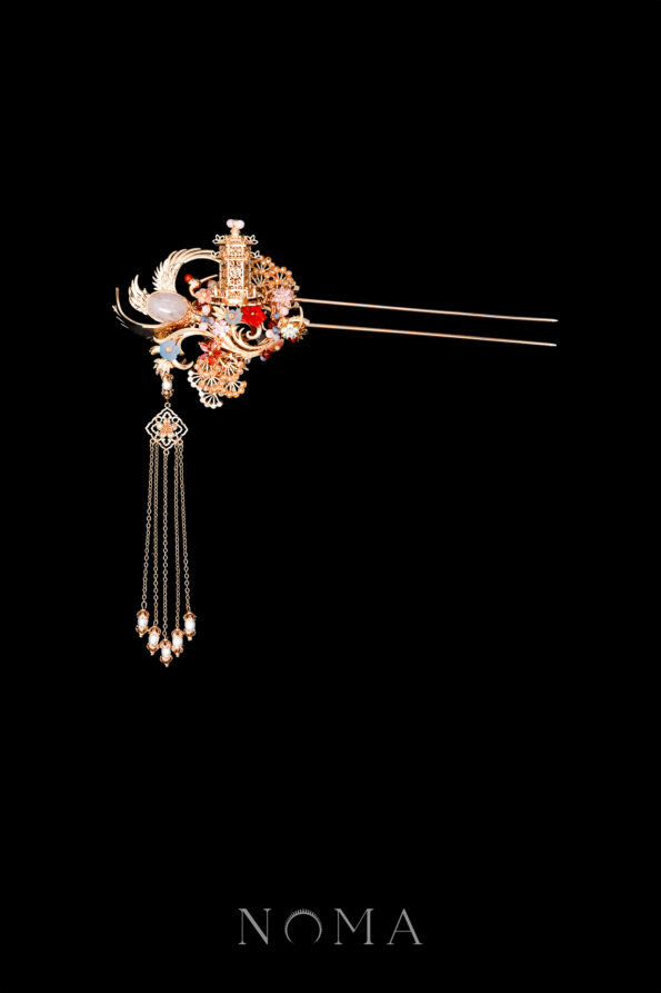 CHN-202400114-Harmonious-Crane-Pagoda-Ornament-Hairpin-Gold-Ruby-Right