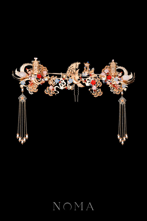 CHN-202400115-Harmonious-Peacock-Pagoda-Ornament-Set-Gold-Ruby-3-pcs