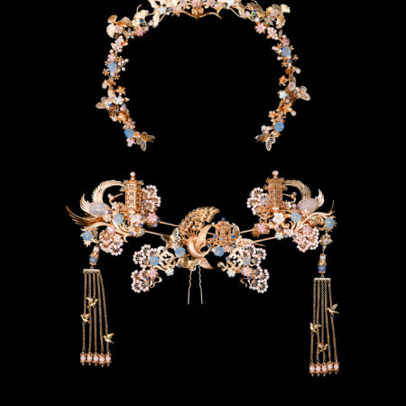 Harmonious Phoenix Pagoda Ornament Full Set - Gold, Pink (4 pcs)