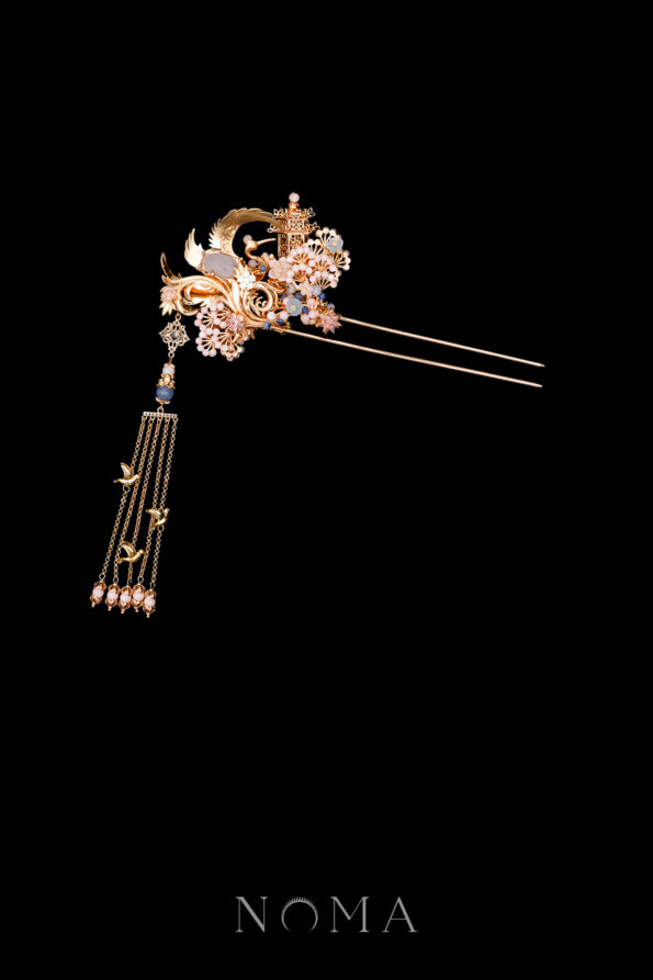 CHN-202400118-Harmonious-Crane-Pagoda-Ornament-Hairpin-Gold-Pink-Left-1
