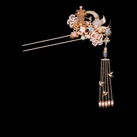 Harmonious Crane Pagoda Ornament Hairpin - Gold, Pink (Left)