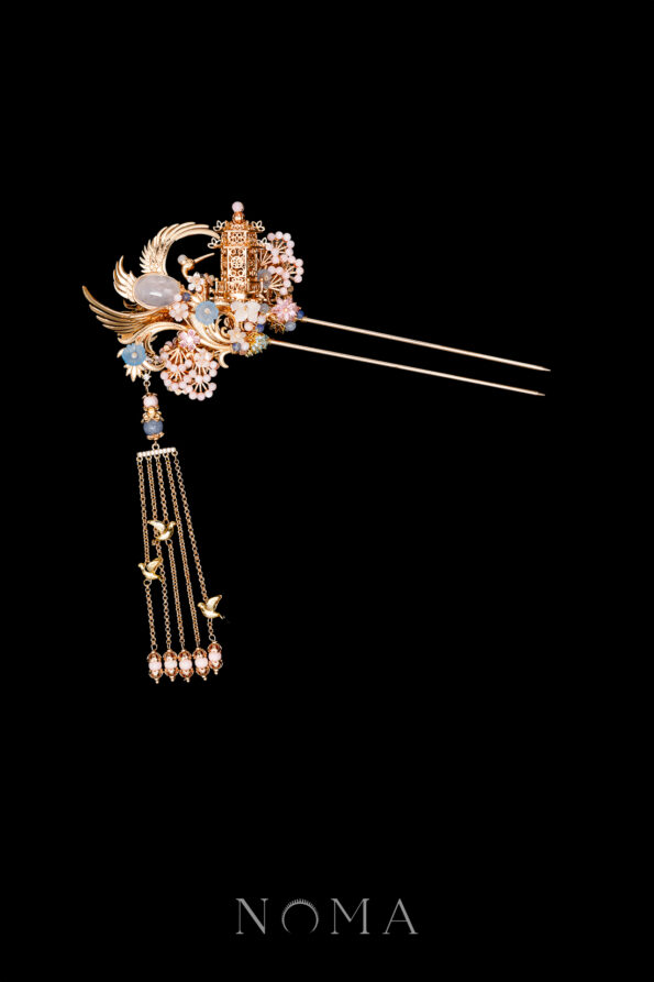 CHN-202400119-Harmonious-Crane-Pagoda-Ornament-Hairpin-Gold-Pink-Right