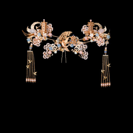 Harmonious Peacock Pagoda Ornament Set - Gold, Pink (3 pcs)