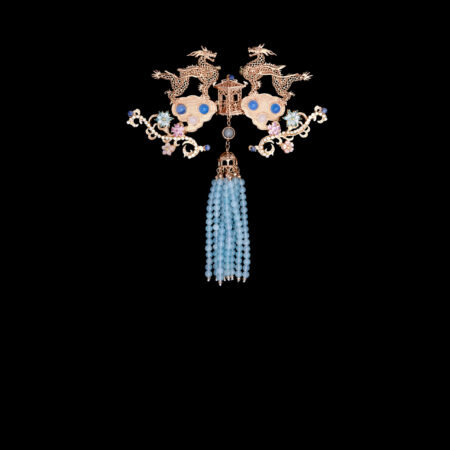 Double Dragon Ornament Brooch - Gold, Blue