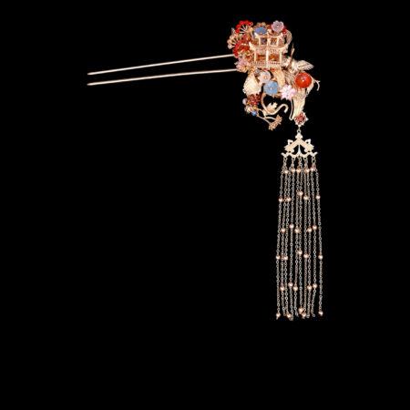 Crane Ginkgo Willow Hairpin - Gold, Ruby (Left)