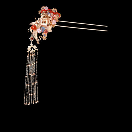 Crane Ginkgo Willow Hairpin - Gold, Ruby (Right)
