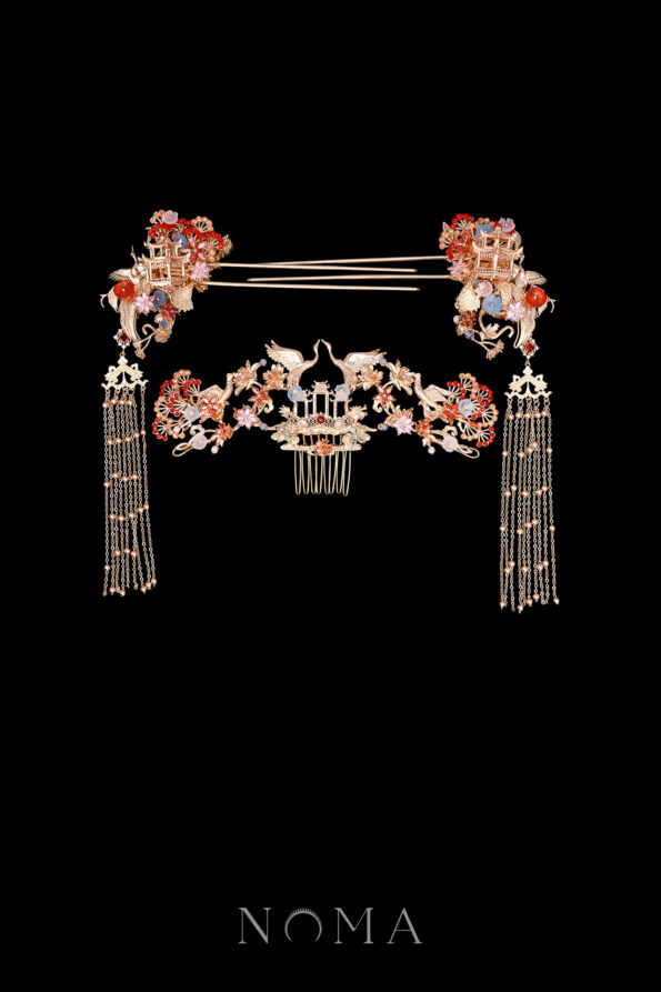 CHN-202400132-Crane-Pavilion-Lotus-Willow-Set-Gold-Ruby-3-pcs