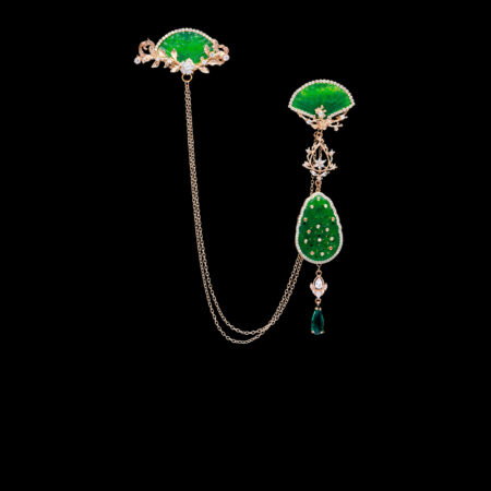 Dangling Jade Chain Brooch - Gold, Jade