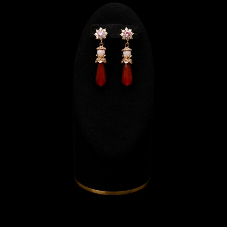 Round Paved Ornamental Pear Jade Earrings - Gold, Red Jade