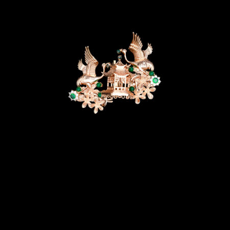 Flying Crane Bouquet Brooch - Gold, Emerald