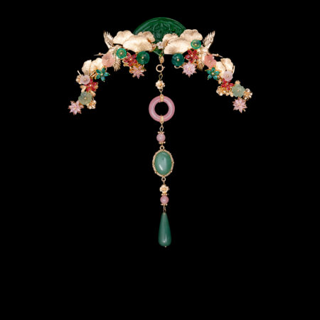 Carved Jade Crane Ginkgo Hairvine - Gold, Pink