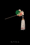 Carved Jade Crane Ginkgo Hairpin - Gold, Pink (Left)