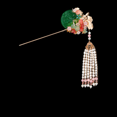 Carved Jade Crane Ginkgo Hairpin - Gold, Pink (Left)