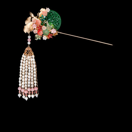 Carved Jade Crane Ginkgo Hairpin - Gold, Pink (Right)