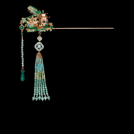 Colorful Oriental Pagoda Hairpin - Gold, Turquoise (Right)