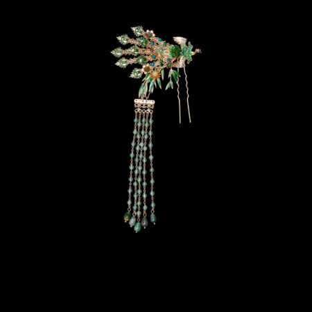 Colorful Oriental Phoenix Hairpin - Gold, Turquoise (Left)