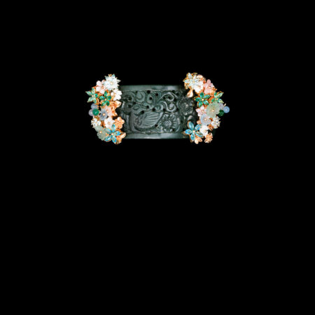 Carved Peacock Floral Turquoise Jade Cuff - Gold, Jade