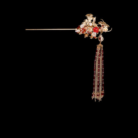 Crane Ginkgo Harmony Hairpin - Gold, Ruby (Left)