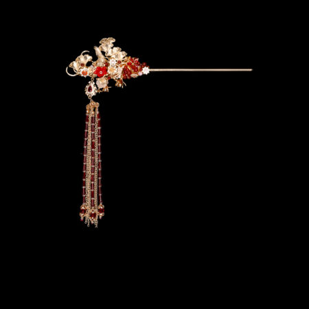 Crane Ginkgo Harmony Hairpin - Gold, Ruby (Right)