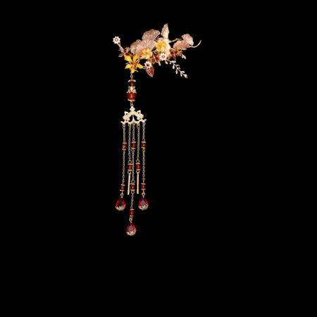 Colorful Crane Floral Artistry Side Hairvine/Brooch - Gold, Ruby (Left)