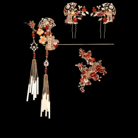 Floral Fan-Shaped Arrangement Set - Gold, Ruby (4 pcs)