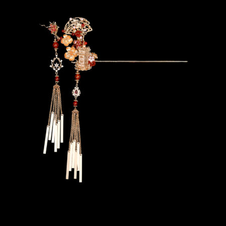Floral Fan-Shaped Long Hairpin - Gold, Ruby