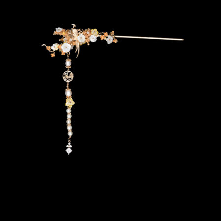 Bird on Petite Branch Hairpin - Gold, White