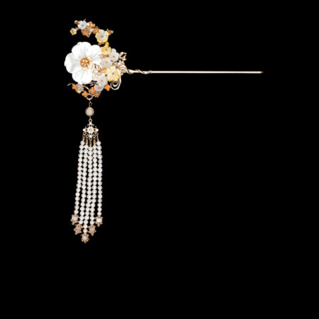 Bird on Petite Branch Flower Hairpin - Gold, White