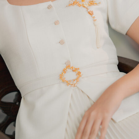 Bird on Petite Branch Rectangle Brooch - Gold, White