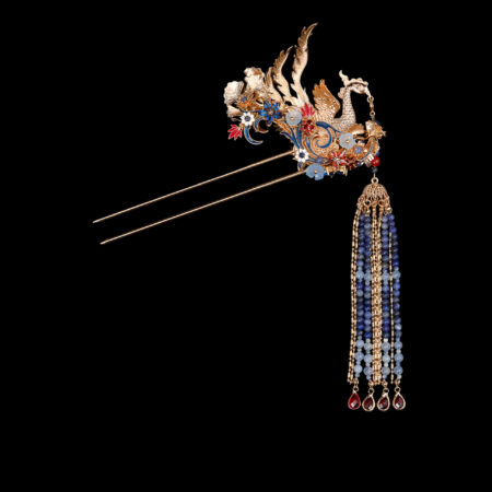 Colorful Phoenix Feather Curvy Ornament Hairpin - Gold, Sapphire (Left)