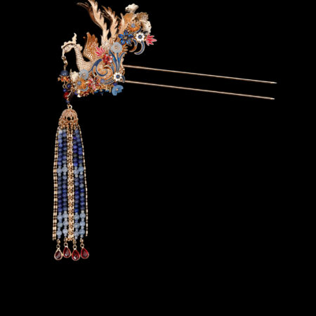 Colorful Phoenix Feather Curvy Ornament Hairpin - Gold, Sapphire (Right)