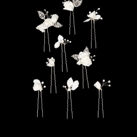 CC Peony Paved Leaf Hairpin Set - White Gold, White (9 pcs)