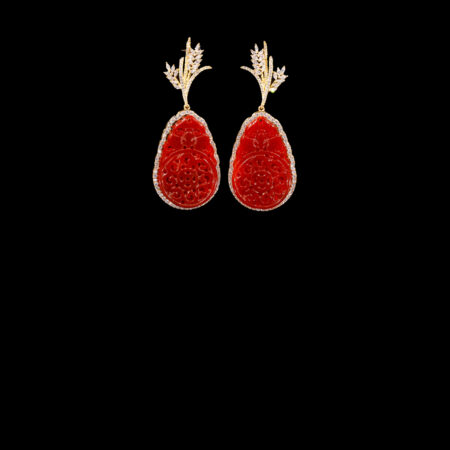 Superior Oryza Carved Rounded Teardrop Small Jade Earrings - 18k Yellow Gold, Red Jade