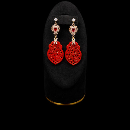 Carved Unique Gourd Jade Earrings - 18k Yellow Gold, Red Jade