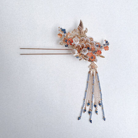 Flying Crane Pearl Blossom Hairpin - Gold, Blue (Left)