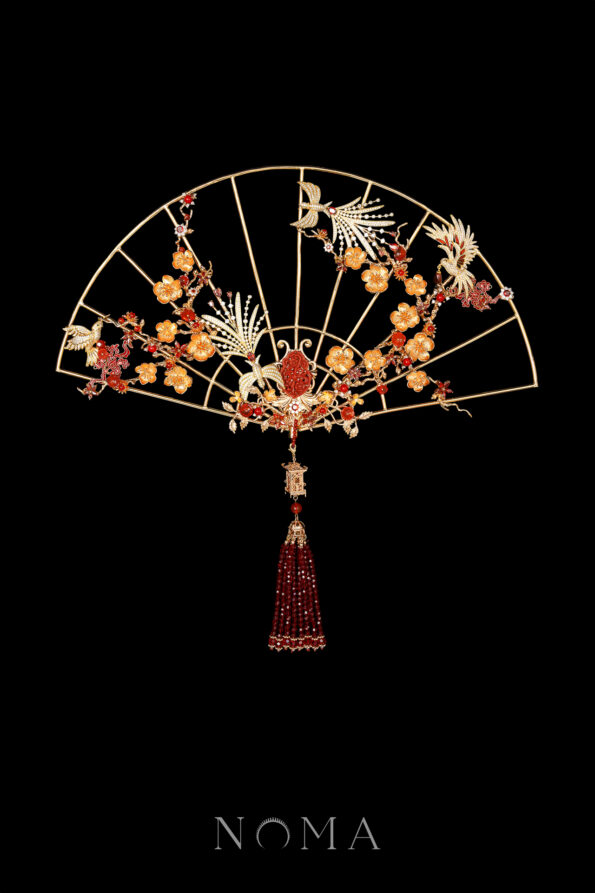 CHN-202500055-Beautiful-Bird-Branch-Gems-Fan-Gold-Ruby