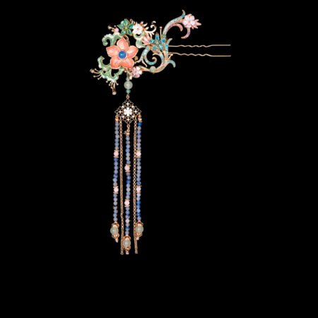 Colorful Mosaic Fantasy Flower Side Hairpin - Gold, Rainbow (Left)