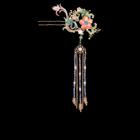 Colorful Mosaic Fantasy Flower Side Hairpin - Gold, Rainbow (Right)
