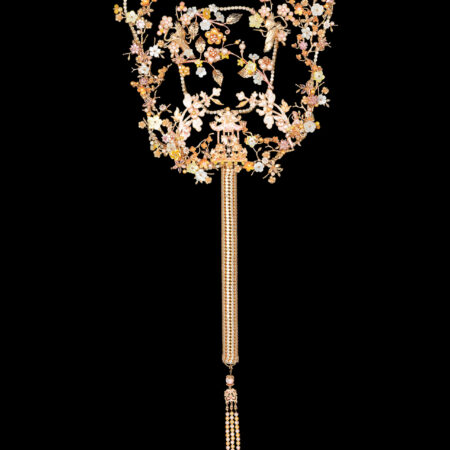 Mosaic Noble Crane Tranquility Fan - Gold, Pink